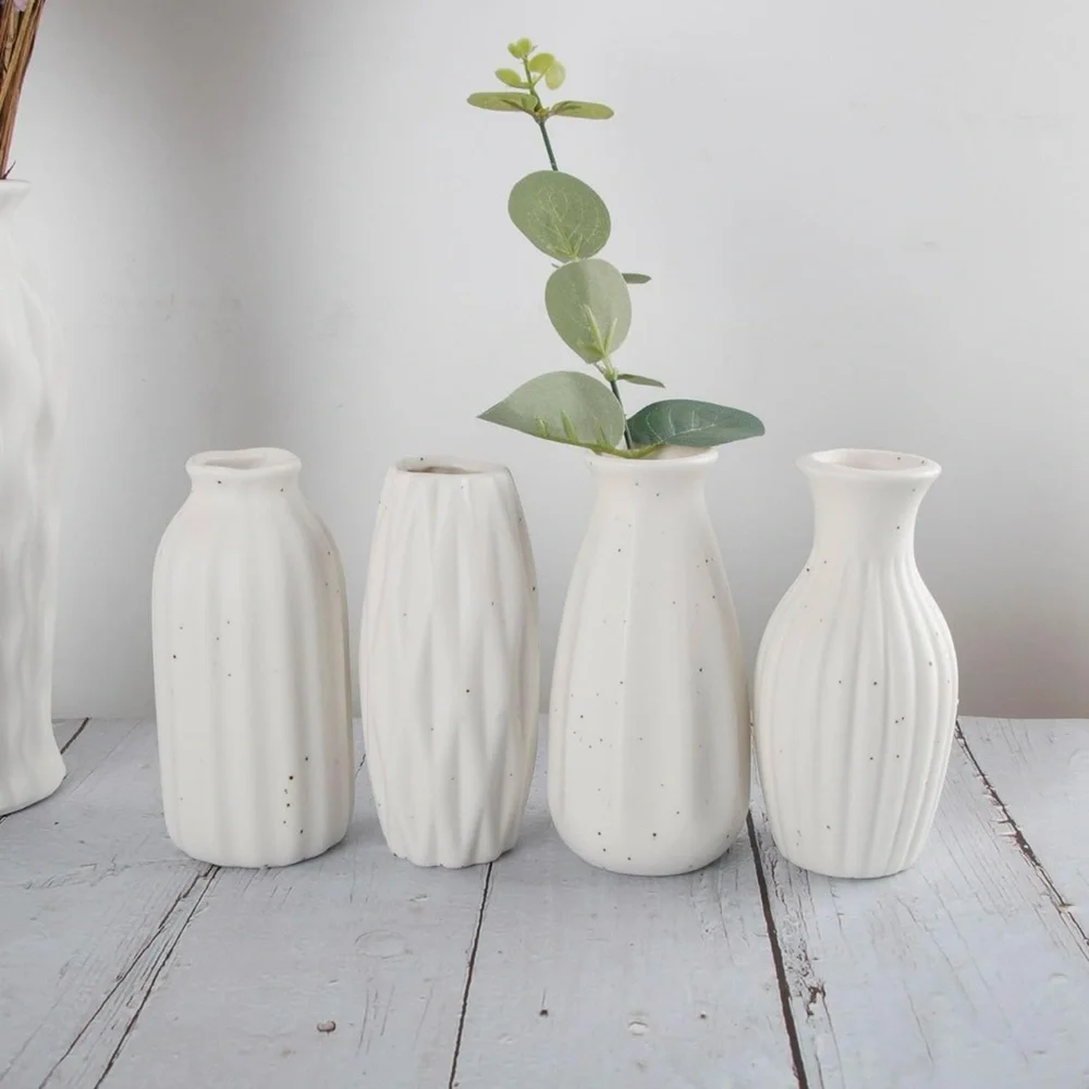 NEW West Elm (Set of 4) White Ceramic Stoneware Boho Flower Vases Home Decor